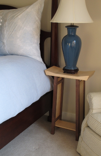 Shaped Bed Side Table- narrow nightstand with shelf- pictured in tiger maple and walnut